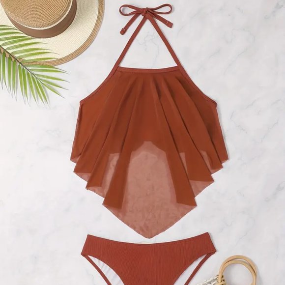 Caramel Solid Color Two Piece Bikini Sets Swimsuit, Halter Neck High Waist - Picture 3 of 10